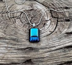 Fused Glass Pendant Necklace - Blue Striped Dichroic Glass - Wave Shaped - One of a Kind Handmade Glass Jewelry - New Years Eve Jewelry Cord Necklaces, Silver Snake Chain