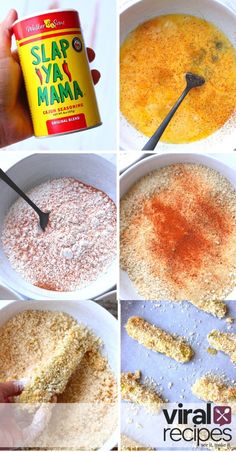 four pictures showing how to make an upside down cake with sugar and cinnamon on top