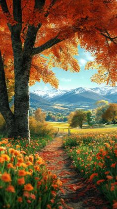 an autumn scene with trees and flowers in the foreground, mountains in the background