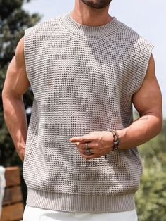 Men's Solid Color Round Neck Casual Knit Sweater Vest, Spring & Summer Apricot Casual   Knitwear Plain  Non-Stretch  Men Clothing, size features are:Bust: ,Length: ,Sleeve Length: Sweater Vest Mens, Casual Knitwear, Knit Sweater Vest, Knitwear Men, Men's Knit, Knit Vest, Men Clothing, Sweater Vest, Knit Jersey