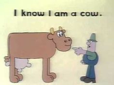 an image of a cartoon cow talking to a man who is pointing at it's head