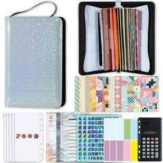 the contents of a planner and calculator are shown in this image, including pens, pencils, notebooks, and papers