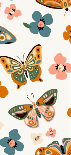 butterflies and flowers on a white background with pink, blue, orange and green colors