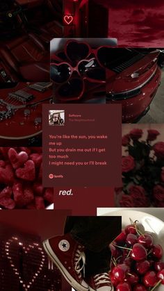 a collage of red images with hearts and flowers in them, including a heart - shaped object