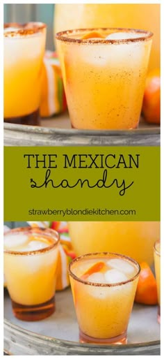 the mexican shandy cocktail is served in glasses with oranges and cinnamon garnish