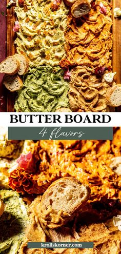 an assortment of different types of breads and pastries on a wooden board with text overlay