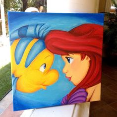 an acrylic painting of ariel and flound fish