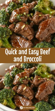 beef and broccoli in a white bowl with the words quick and easy beef and broccoli