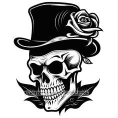 a skull wearing a top hat and holding a rose