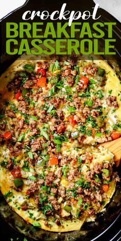 the breakfast casserole is ready to be eaten in the crockpot and served