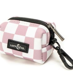 a pink and white checkered bag with a black zipper on the bottom that says luc & co