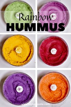 four different colors of rainbow hummus in a blender with text overlay that says rainbow hummus