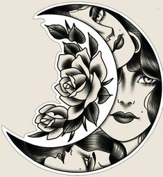 a drawing of a woman's face with roses on the moon