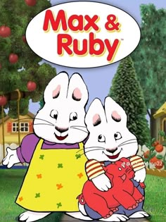 two white mice are standing next to each other in front of an apple tree with the words max and ruby above them