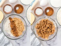 two pictures show the process of making an oatmeal and other ingredients in bowls