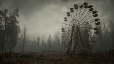 an abandoned ferris wheel in the middle of a forest