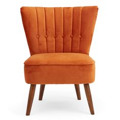 an orange chair with wooden legs and buttons on the armrests, against a white background