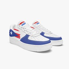 ORDER NOW to have in time for Puerto Rican Day!   Typically delivers 11-13 days from order date, however order early during high demand seasons (heritage days and  holiday events) Fit:  Compare to Nike Air Force 1 fit / brand / style. -PR Pride with flag artwork! -High-quality outsole for traction and exceptional durability - Lightweight construction, soft textile lining with for maximum comfort Great for Puerto Rican Day Parade in NYC, Puerto Rico Sneakers, Puerto Rico Heritage Sneakers, Puerto Custom Af1, Soft Textiles, Nike Air Force, Puerto Rico, Holidays And Events, Fashion Branding, Nike, Sneakers