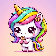 a cute little pony with rainbow hair and flowers on it's head, standing in front of a pink background