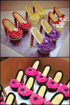 cupcakes decorated in different colors and designs