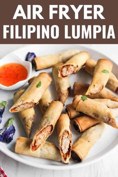 air fryer filipino lumpa on a plate with dipping sauce