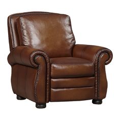 a brown leather recliner with nail accents