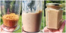 three pictures showing different stages of making a smoothie