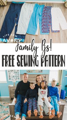 family pjss sewing pattern with text overlay that reads free sewing pattern for family pjss