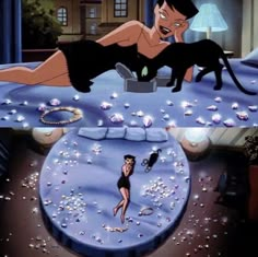 an animated image of a woman laying in bed with a black cat on her back