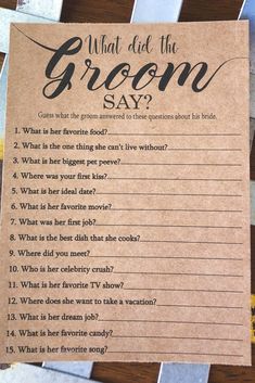 what did the groom say? on a piece of brown paper with question marks in it