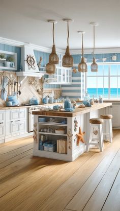 a kitchen with blue and white decor on the walls, wood flooring and an island