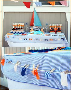 a sailboat themed birthday party with cupcakes and desserts on the table