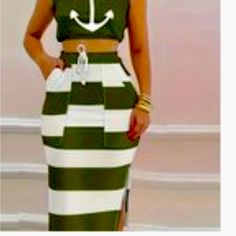 Woman Size 12 Two-Piece Skirt Set (New). Green And White Mid Drift Top With Anchor Design On The Front; Matching Skirt With Slits On Each Side. Casual Two-piece Skirt For Day Out, White Two-piece Skirt For Beach, Two-piece Green Skirt For Beach, Green Two-piece Skirt For The Beach, Green Two-piece Skirt For Beach, Anchor Design, Skirt Sets, New Green, Green And White