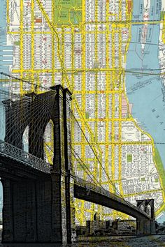 an image of a city map with the brooklyn bridge and manhattan in yellow on it