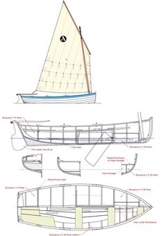 a drawing of a sailboat with plans for the front and side sections on it