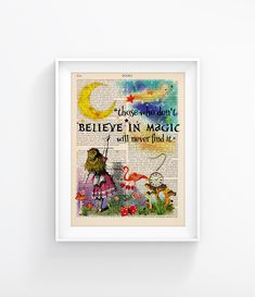 a framed book page with an illustration of alice and the wonderlands quote on it