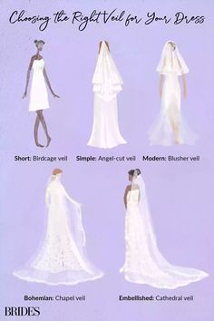 the bride's dress and veil are shown in three different styles, including one for each