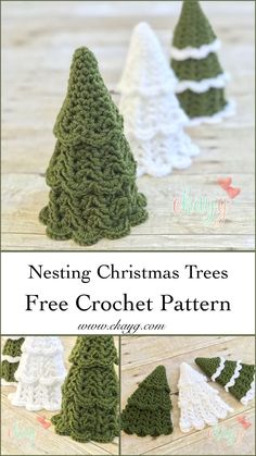 crocheted christmas trees with text overlay reading nesting christmas trees free crochet pattern