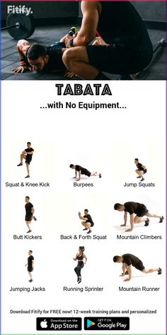 an image of a man doing squats with the caption that says, tabata with no equipment