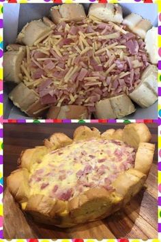 there are two pictures with different food items in the same photo, one has ham and cheese on it