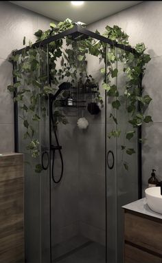 a shower with plants growing on the side of it's glass doors and walls