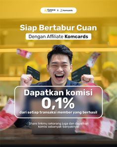 a man holding up two credit cards in front of him and the caption says, dapatkan komisi 0 %