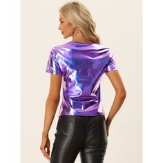 This women's metallic tee is a stylish top with a v-neck design. It is perfect for parties or clubs. It's a short-sleeved top in shiny top-quality metallic fabric. This is a regular-fit top that is very comfortable to wear. This is a very fashionable top when you wear it at a party. It will be very dazzling, and it will help you attract a lot of attention. Trendy V-neck Party Tops, Trendy Tops For Club And Halloween, Trendy Tops For Halloween Club Parties, Trendy Halloween Club Tops, Metallic Fitted Tops For Party, V-neck Shimmer Tops For Party Season, Fitted Metallic Tops For Party, Glamorous Fitted Tops With Sheen, Fitted V-neck Top For Party