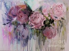 a painting of pink roses on a white background