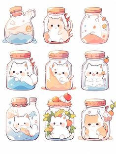 cute cats in glass jars with fruits and water inside each jar, which is filled with liquid