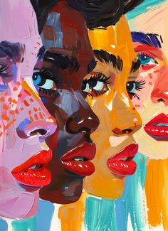 three women's faces with different colored lipsticks on their face and one is looking at the camera