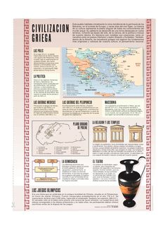 a poster with an image of the greek country and its architecture, including vases