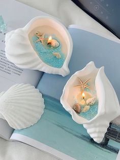 two seashells with candles in them sitting on top of an open book