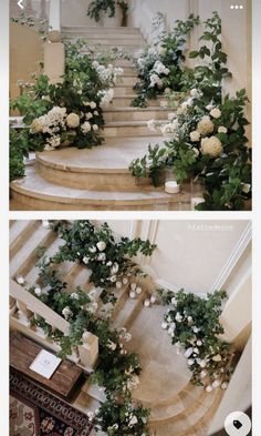 there are two pictures of flowers on the stairs