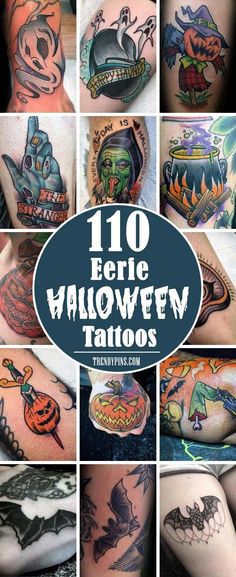 the top ten halloween tattoo designs for men and women, including pumpkins, bats, witches